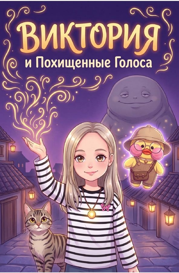 Обложка персонализированной книги «Виктория и Похищенные Голоса»: девочка-герой, созданная по фотографиям